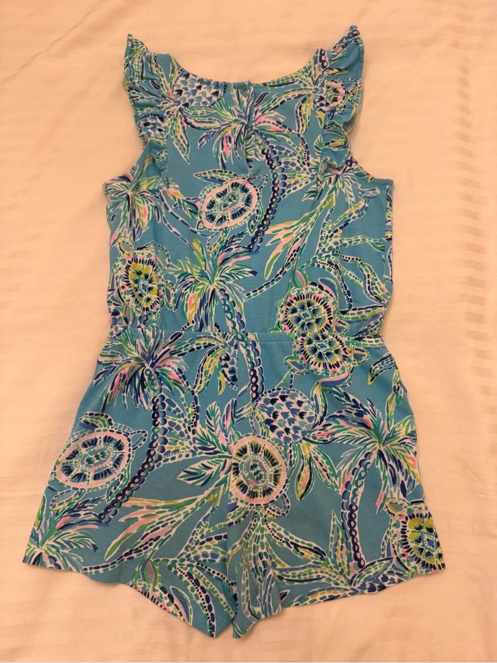 Lilly Pulitzer Blue Tropical Print Ruffle Romper Size 8/10 Girls